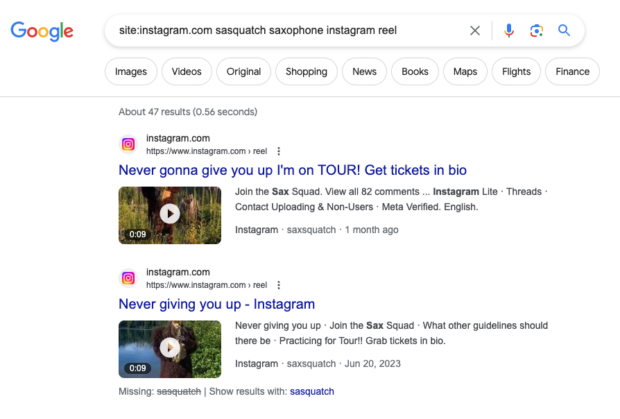 Google Reels watch history by including keywords such as www.instagram.com