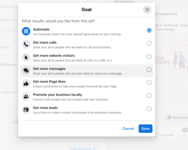Facebook ad campaign goal get more messages