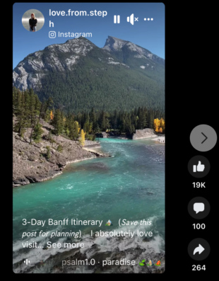 reel facebook montrant un itinéraire de voyage dans le parc banff au canada