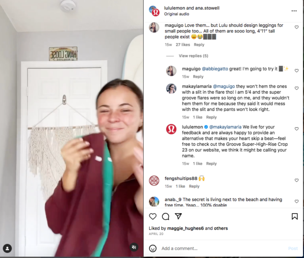 lululemon Instagram comment response to feedback about legging size issue