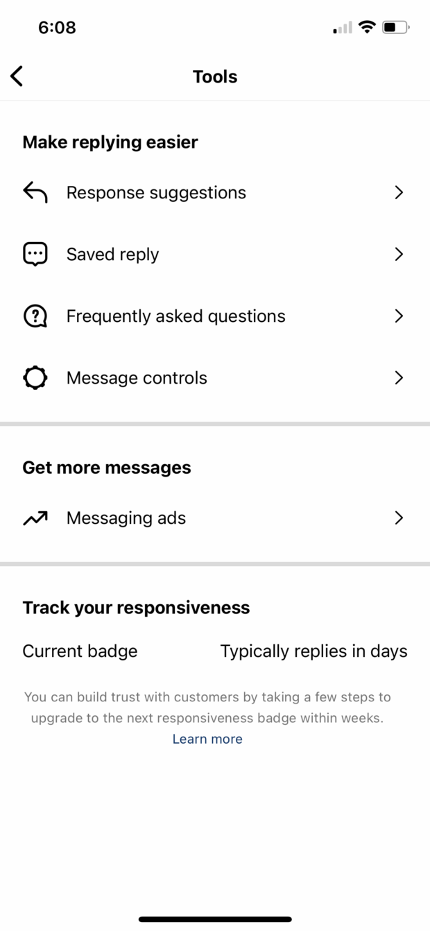 The Tools section of Instagram settings include response suggestions, saved replies, frequently asked questions, and message controls