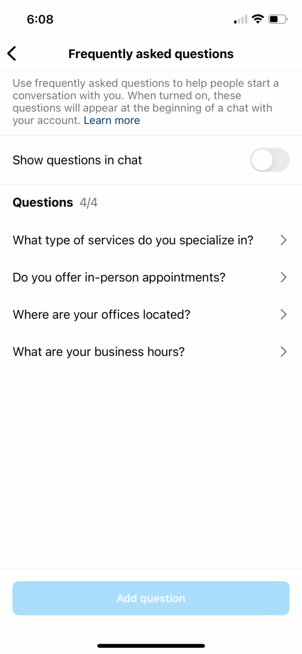 The frequently asked questions menu. This shows sample questions (like 