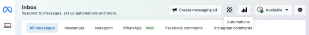 The automations option is highlighted in the top right of the Inbox screen