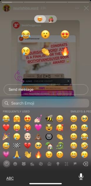 various instagram emojis including laughing face and heart, shown in phone keyboard