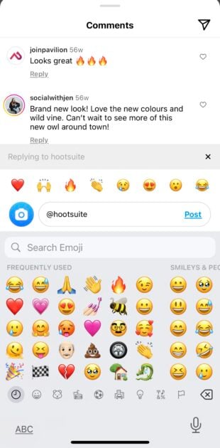 instagram emoji shown in comment reply box