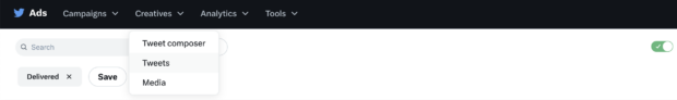 drop down showing tweets tab in twitter ads main menu