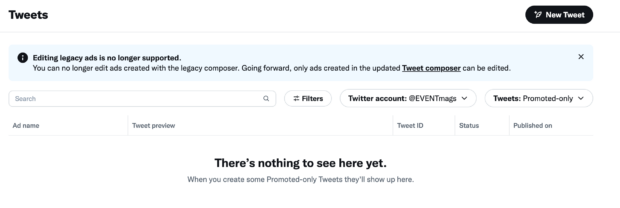 tweets main screen in twitter ads showing no tweets currently scheduled