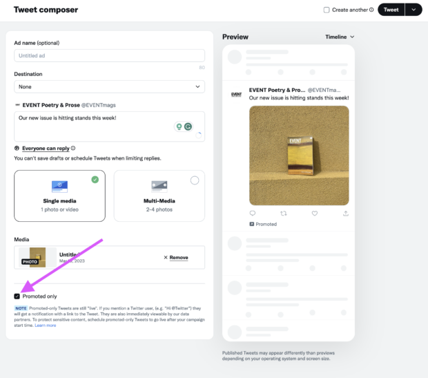 post drafted in twitter composer with arrow pointing to promoted only check box