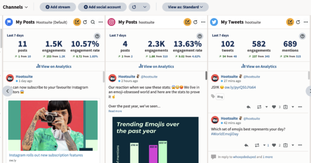 hootsuite streams dashboard showing conversations on facebook, instagram, and twitter