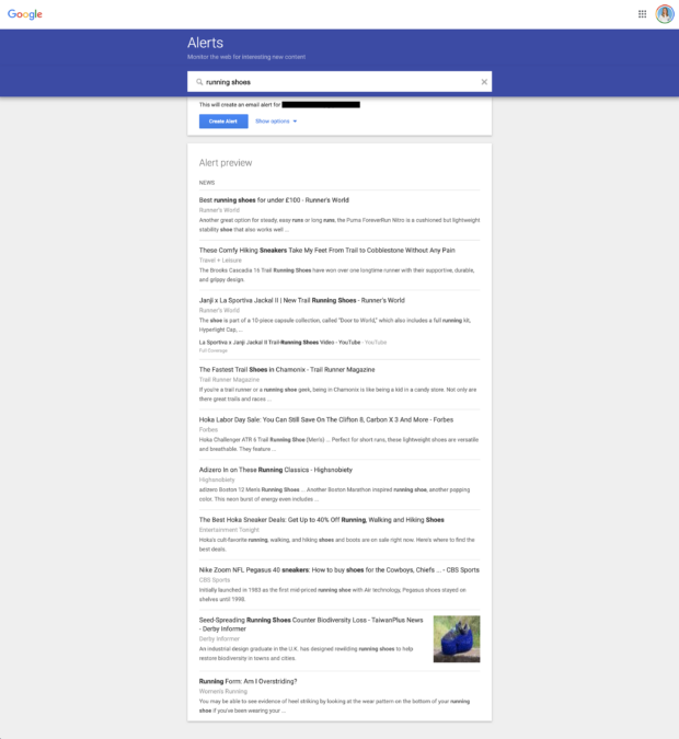 google alerts list of results for for keyword: running shoes