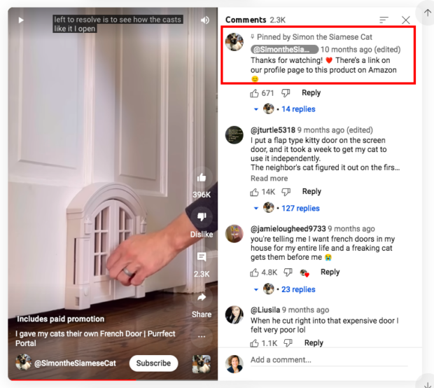 pinned comment Simon the Siamese Cat link to Amazon product page