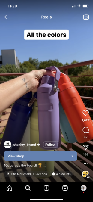 Stanley brand colorful water bottles Instagram reel