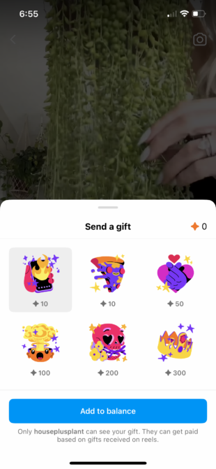 Virtual gift option on Instagram Reels