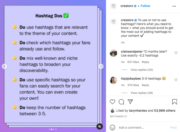 Instagram Creators account hashtag dos list