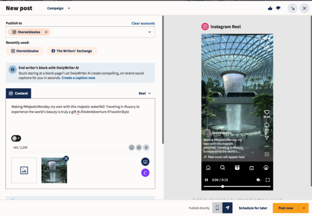 Instagram Reel new post on Hootsuite with OwlyWriter AI