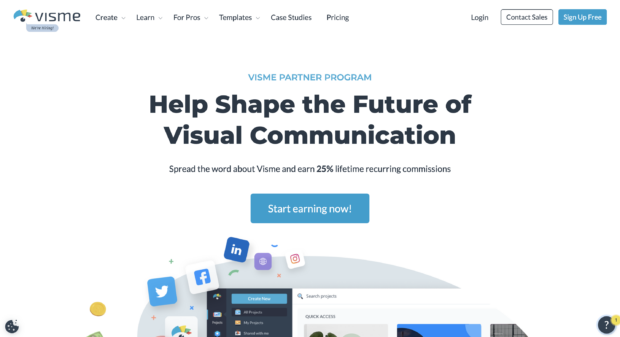 Visme home page with slogan help shape the future of visual communication