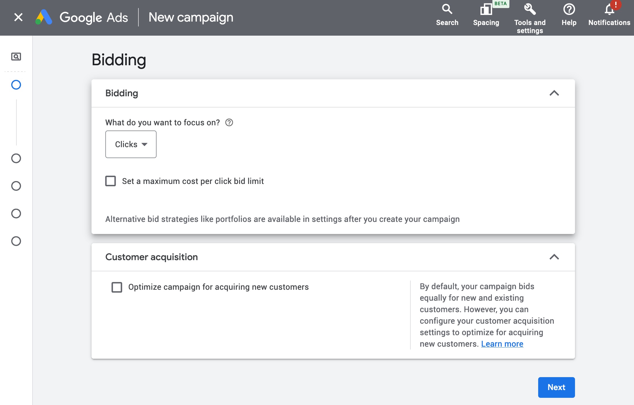 bidding strategy example of focus on clicks