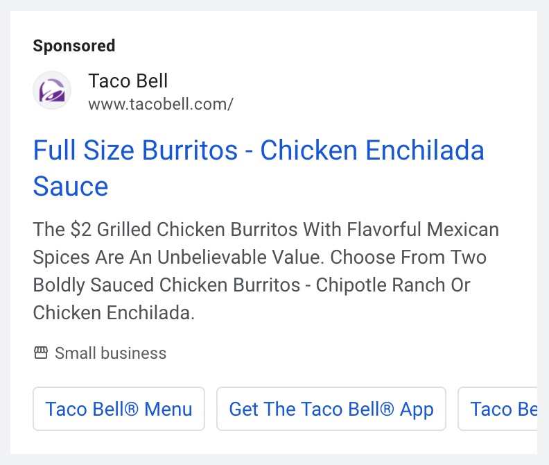 Taco Bell sponsored ad on Google full size burritos