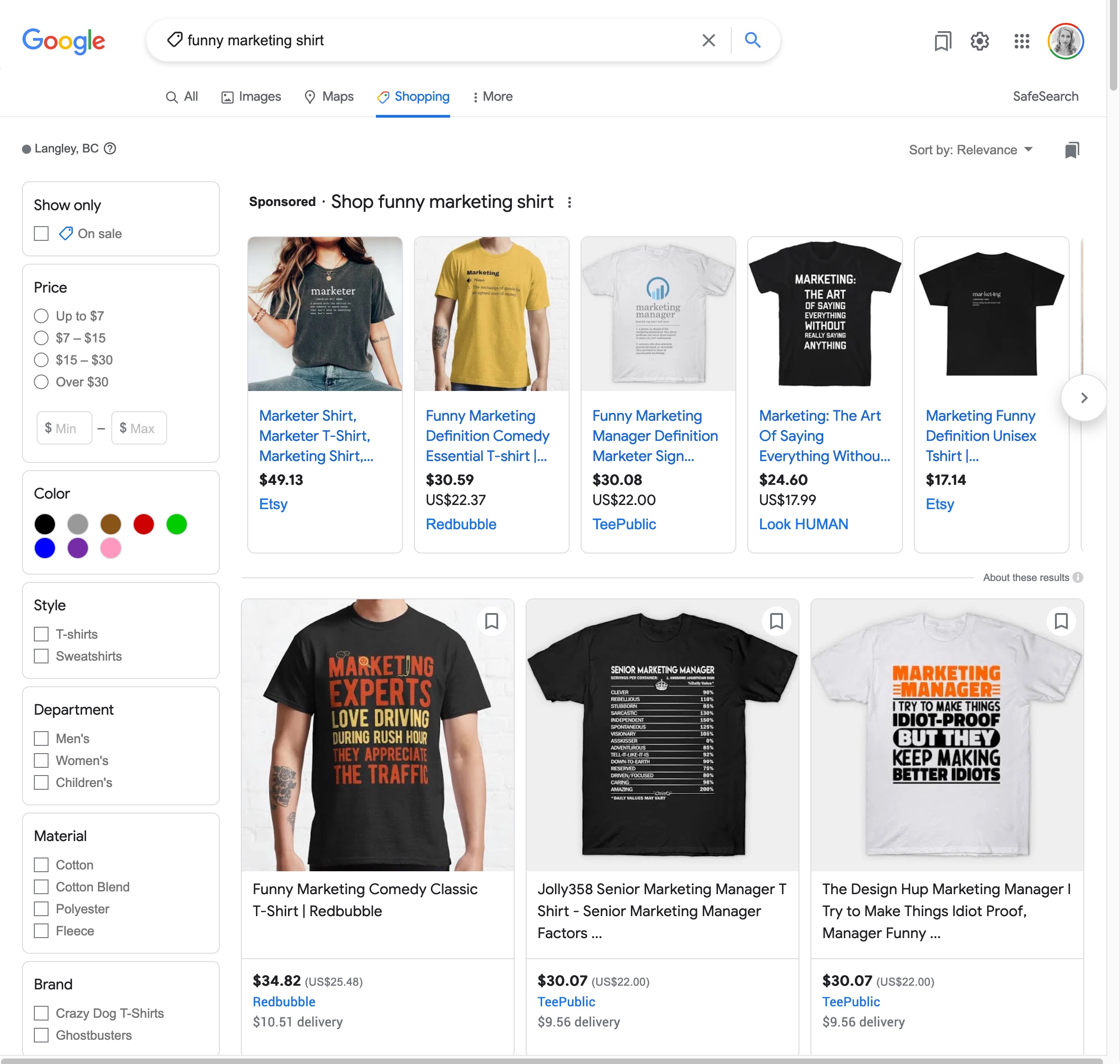 funny marketing shirt search result on Google with sponsored ads