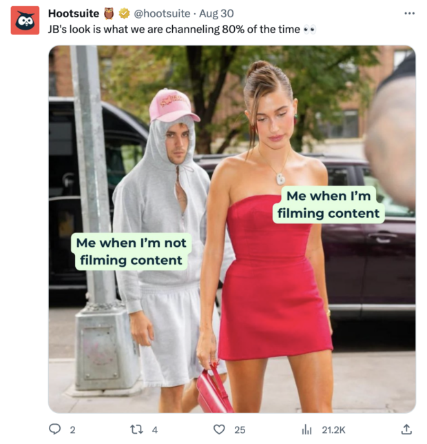 hootsuite meme posted on twitter showing justin beiber and hailey beiber as the brand when filming and not filming content