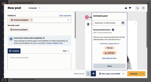 hootsuite composer showing best times to post