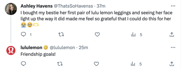 tweet reply from lululemon to customer who bought their first pair of leggings for a friend. response reads: "friendship goals!"