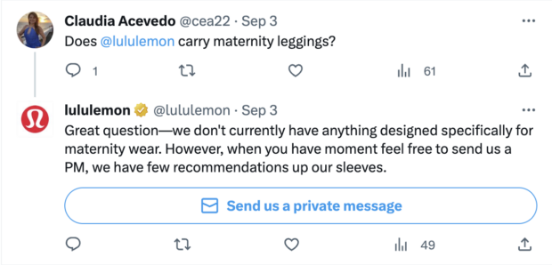 tweet from lululemon offering customer resources on finding maternity wear