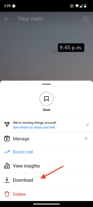 download option on your own Instagram reel