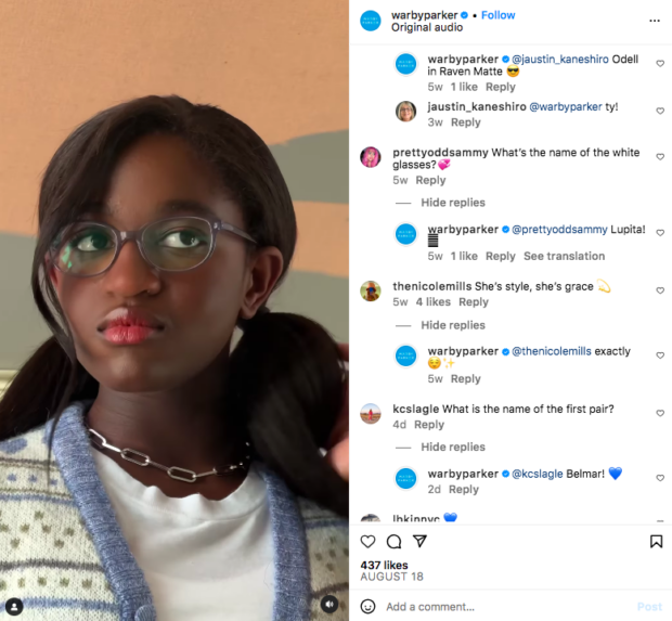 Warby Parker eyeglasses comment replies