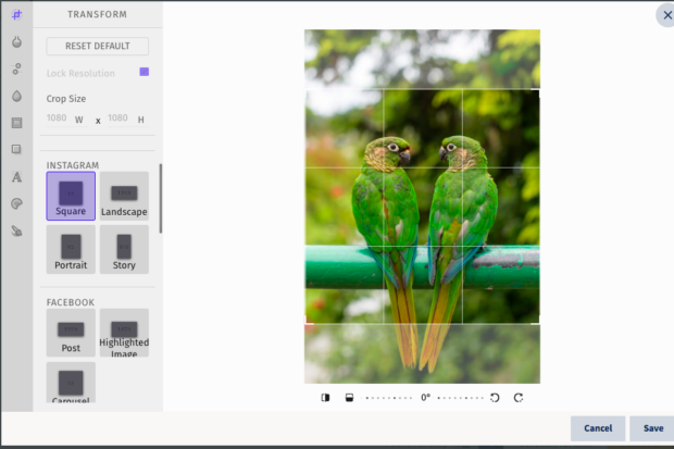 resize image and adapt content using built-in photo editor