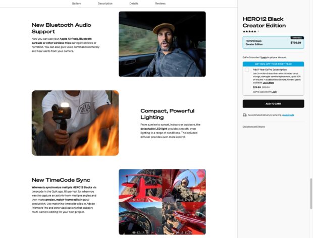 GoPro product page with user-generated content