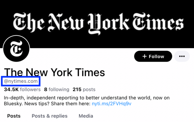 The New York Times' Bluesky account has a custom handle (@nytimes.com) that matches their domain