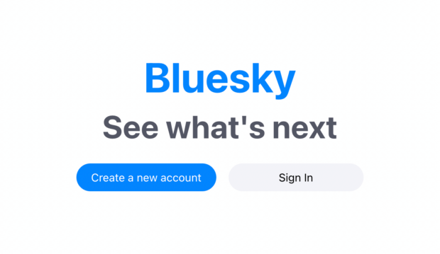 The Bluesky welcome screen shows two option: create a new account or sign in