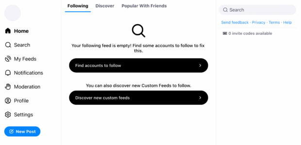 Your "Following" feed is initially empty, but the app will prompt you to search for other accounts to follow