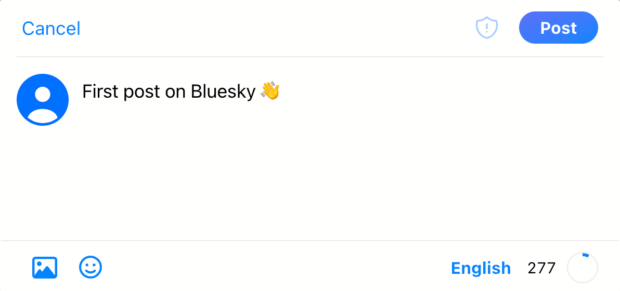 creating a post on bluesky looks much like it would on twitter or another text-based app: there is a compose window with a counter showing how many characters are remaining and options to add emoji or images
