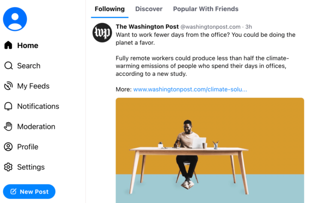 The Bluesky homepage looks very similar to classic Twitter: It includes a left-hand navigation menu and following, discover, and popular with friends feeds