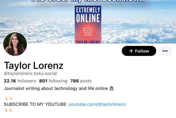 Internet journalist Taylor Lorenz's Bluesky account has over 22K followers