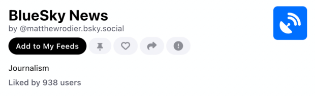 The "BlueSky News" feed has been created by Bluesky user @matthewrodier. The image shows a button to add this feed to your feeds and how many users have already liked the feed