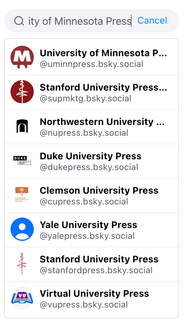 The academic publishing houses with Bluesky accounts include the University of Minnesota Press, Stanford University Press, Northwestern University Press, and more