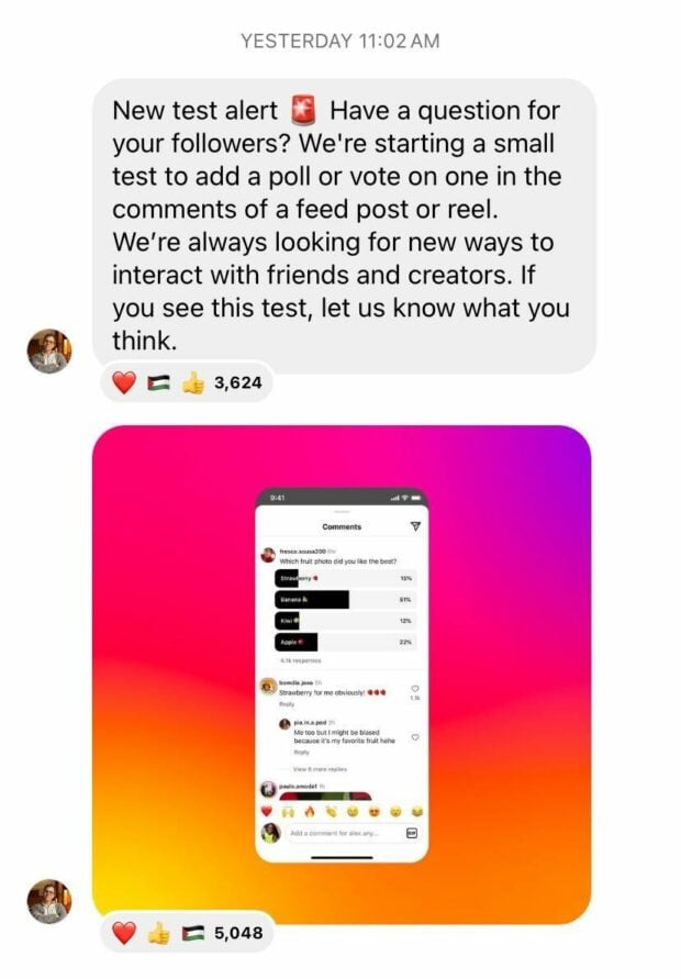 a screenshot from Instagram head Adam Mosseri's broadcast channel reads: "New test alert. Have a question for your followers? We're starting a small test to add a poll or vote on one in the comments of a feed post or reel. We're always looking for new ways to interact with friends and creators. If you see this test, let us know what you think." The message is followed by an image of a sample poll as it would appear in Instagram comments