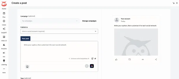 Creating a new post in Hootsuite