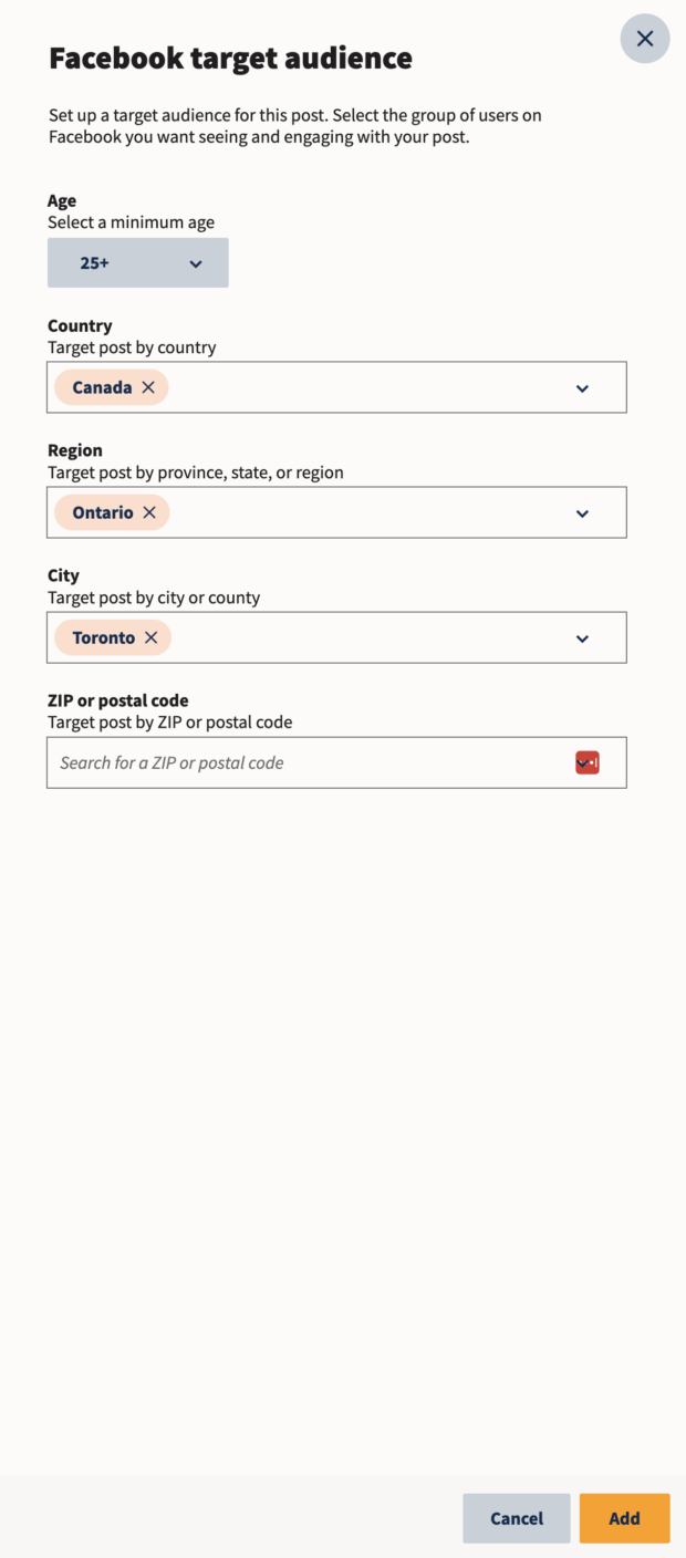 facebook target audience box with options for age range, country, region, city, and zip code