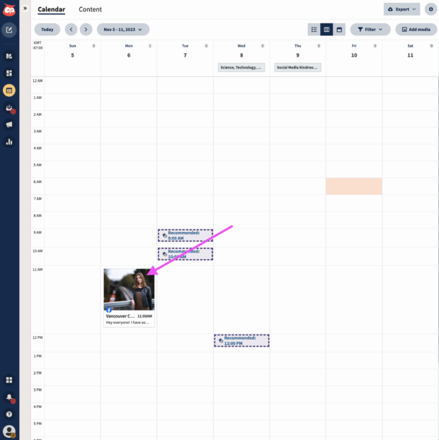 arrow pointing to drafted post shown in hootsuite planner