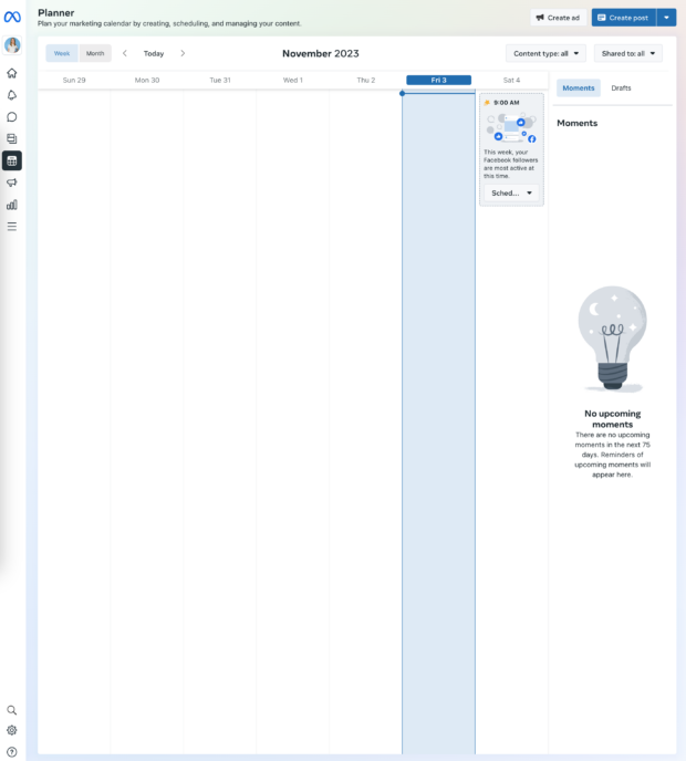 empty planner calendar shown in meta business manager