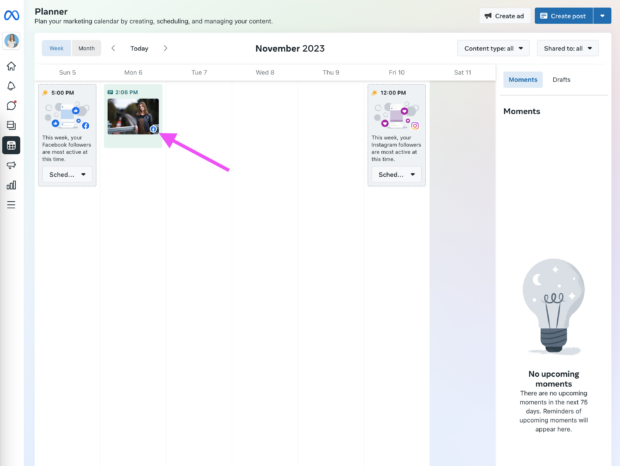 meta business suite planner view with one drafted post