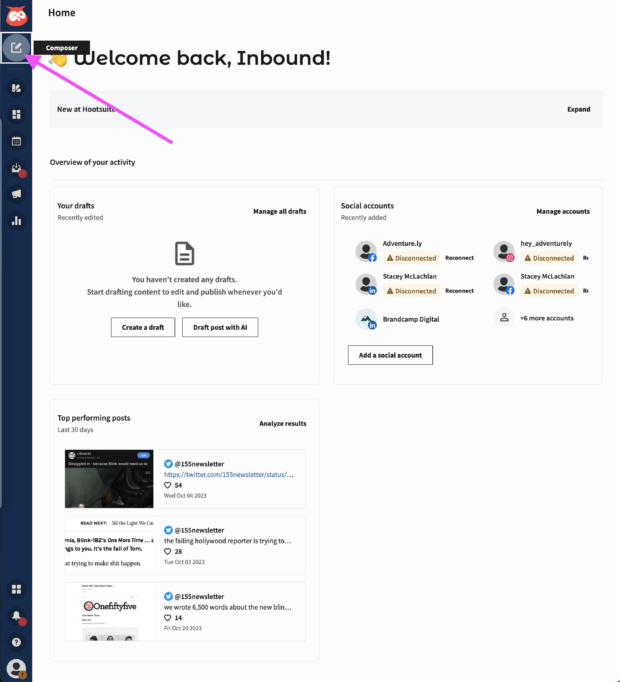 arrow pointing to compose icon on left hand side of hootsuite dashboard
