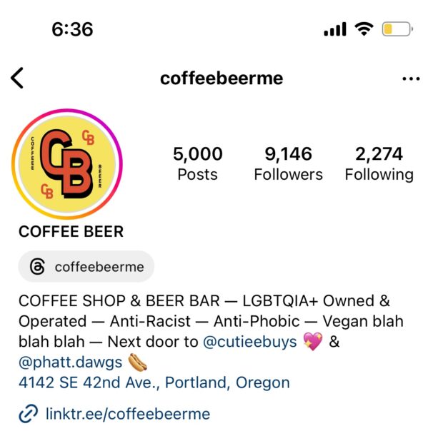 Coffee Shop and Beer Bar bold profile picture with yellow and red font