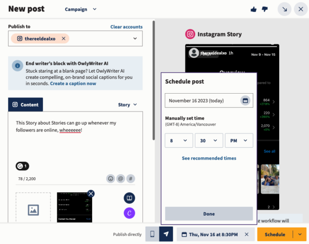 Schedule Instagram Story post on Hootsuite OwlyWriterAI