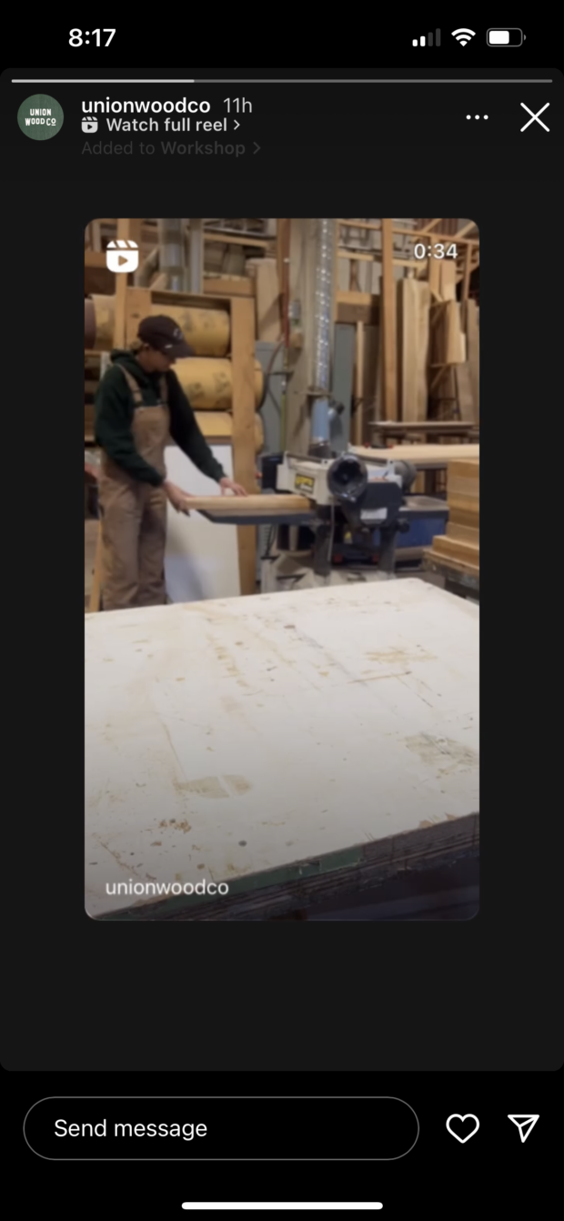 Bobine de Union Wood Co partagée sur Instagram Story