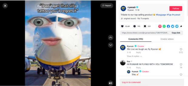 TikTok video showcasing person with Ryanair tattoo 